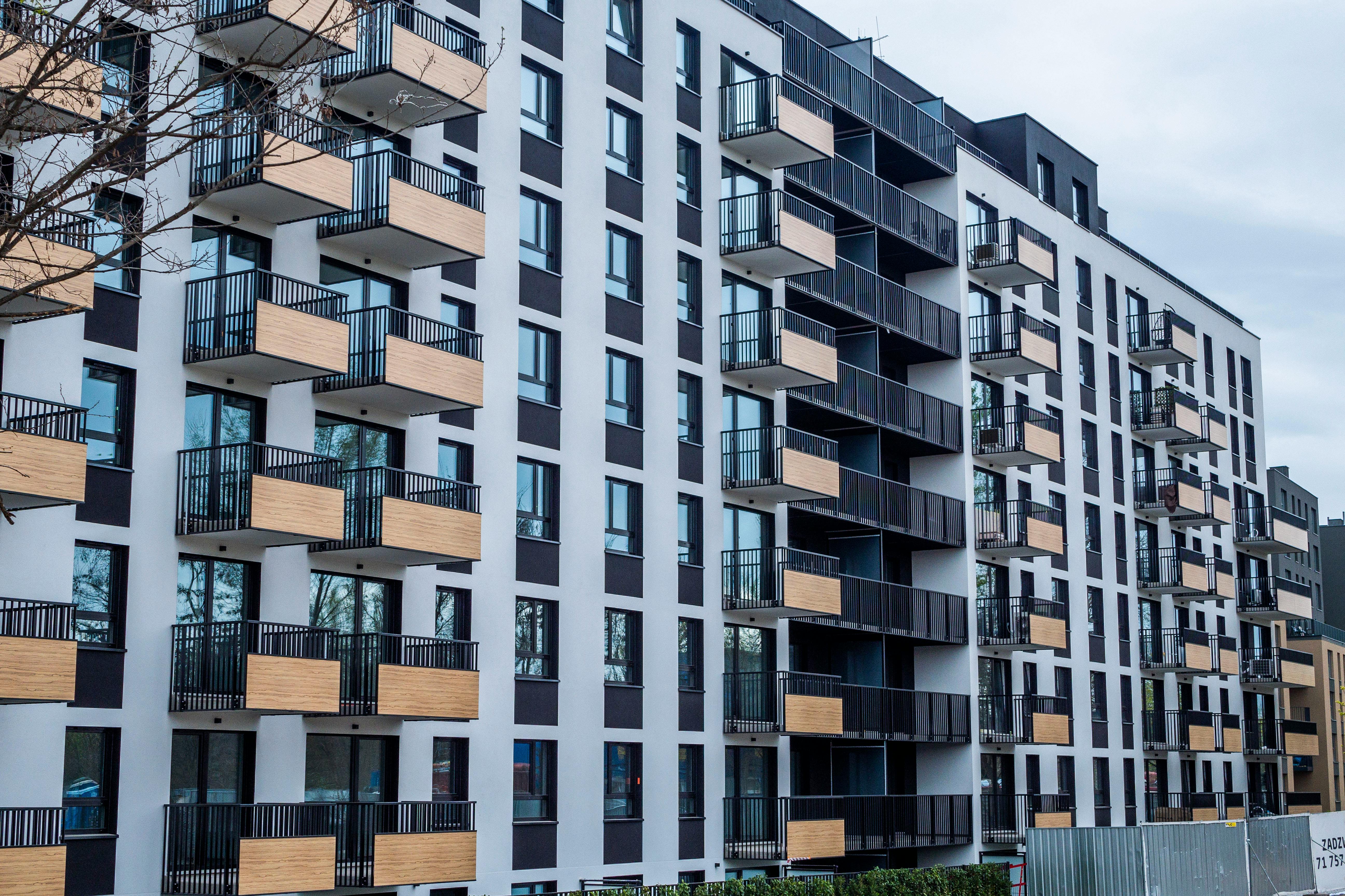 Apartment building with yellow balconies