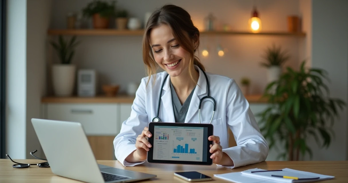 Sala de consultório moderno com nutricionista usando tablet 