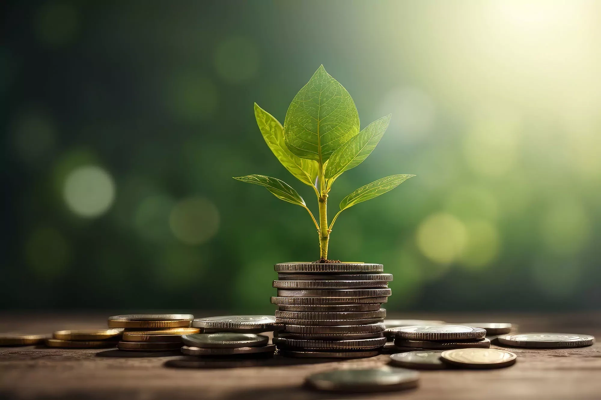 Plant growing out of stack of coins on table, sun burst in the background