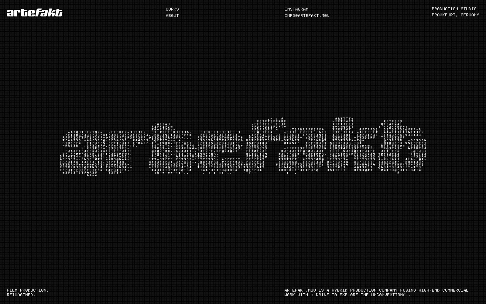 The word "artefakt" displayed in large, white ASCII characters on a dark, grid-patterned screen.