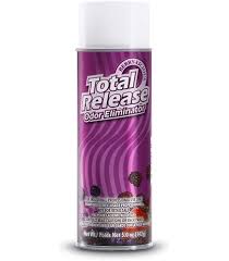A bottle of Break Throught Fall Out & Iron Remover spray, featuring a black trigger sprayer and a black label with purple text and graphics, set against a gray and white checkered transparency background.