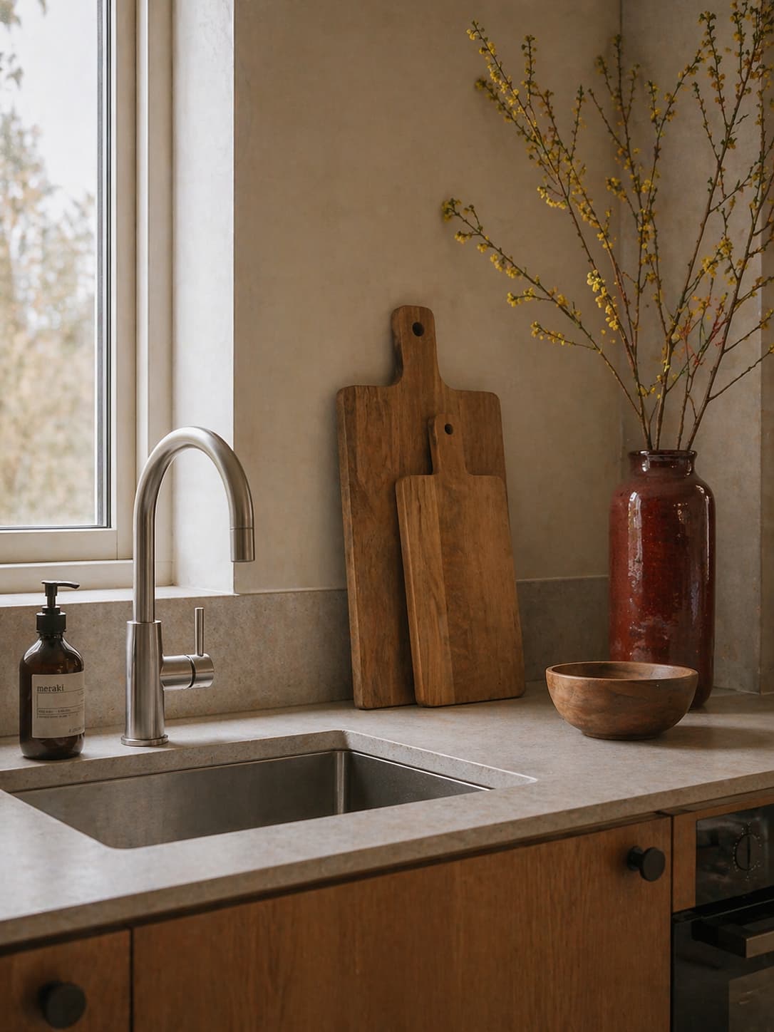 A modern kitchen countertop features a sleek stainless steel faucet beside a window, with two wooden cutting boards leaning against the wall, a rustic ceramic vase containing dried branches, and a wooden bowl, creating a warm and inviting ambiance.