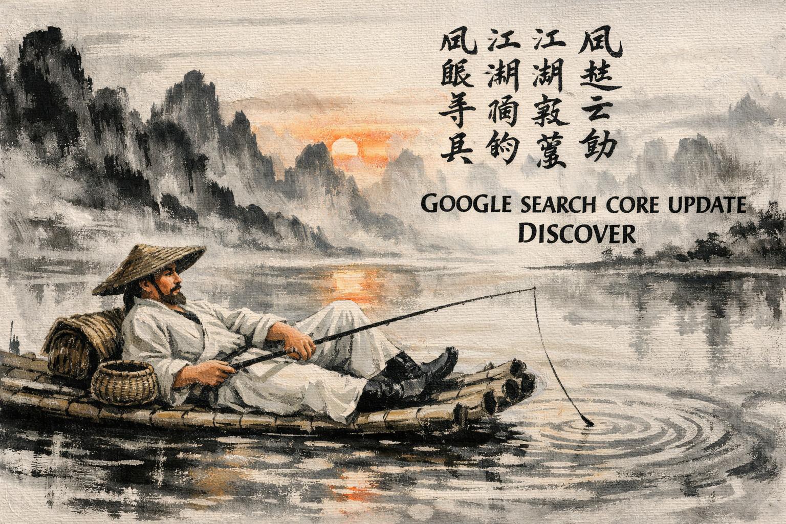 bold acrylic painting inspired by traditional Chinese ink painting with a text GOOGLE SEARCH CORE UPDATE DISCOVER