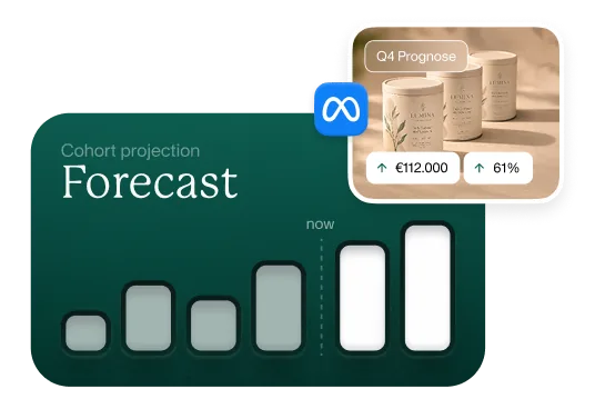 Cohort-projectieprognose met groeigrafiek, Q4-prognose voor skincare-producten met €12.000 omzet en 61% groei