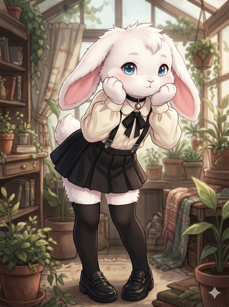 Innocent white rabbit Furry femboy pfp with hands on cheeks.