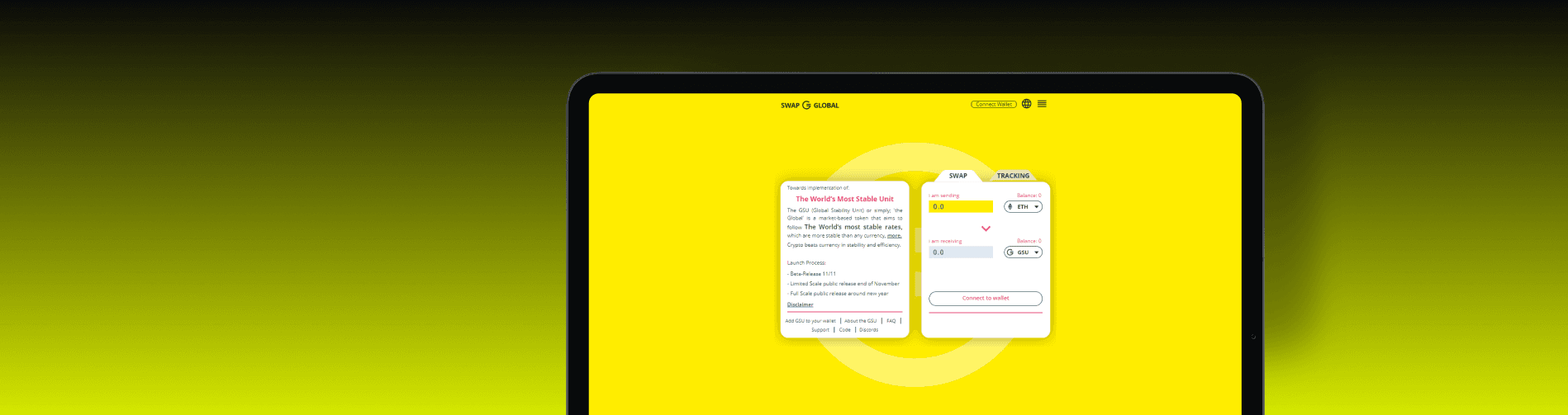 Web dashboard of SWAP GLOBAL highlighting real-time GSU token price charts and market trends