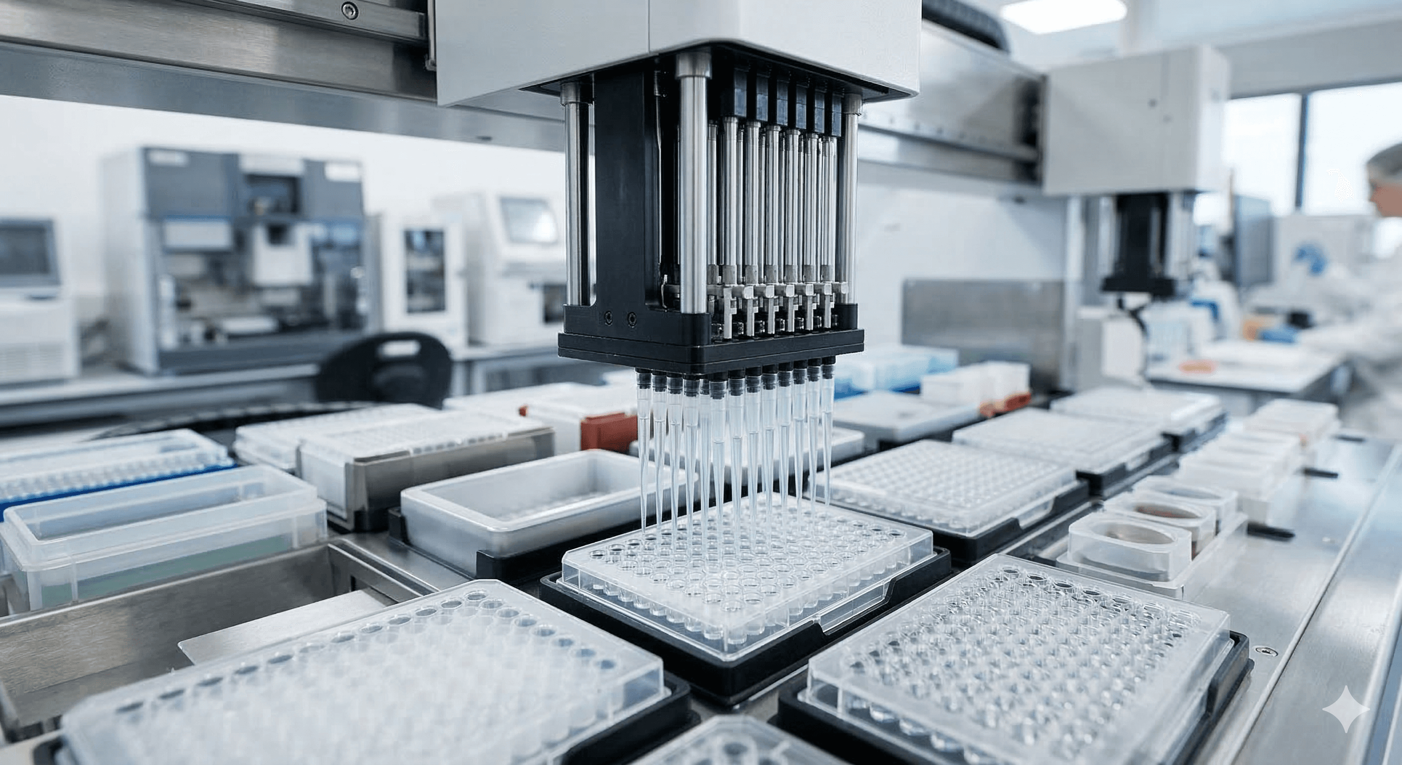 A state-of-the-art laboratory showcasing an advanced robotic system precisely handling multiple pipettes for sample processing, exemplifying cutting-edge automation in AI-driven research environments.