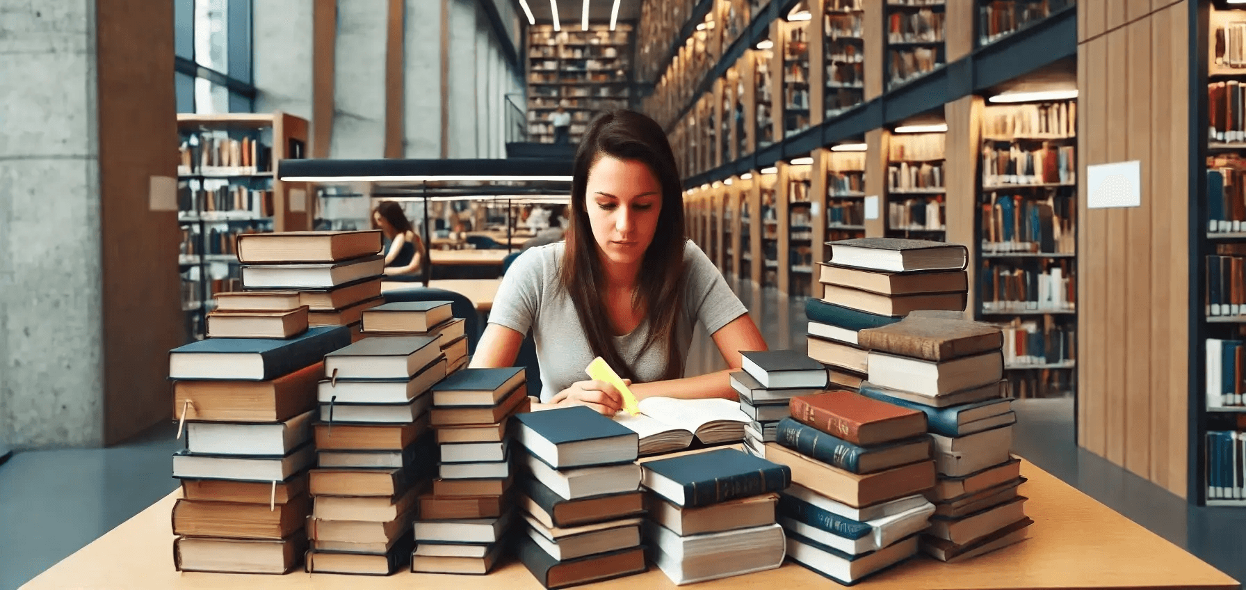 una chica estudiando leyes en una biblioteca