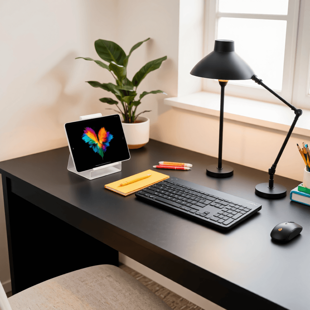 product photography of wireless keyboard set with a tablet stand and mouse