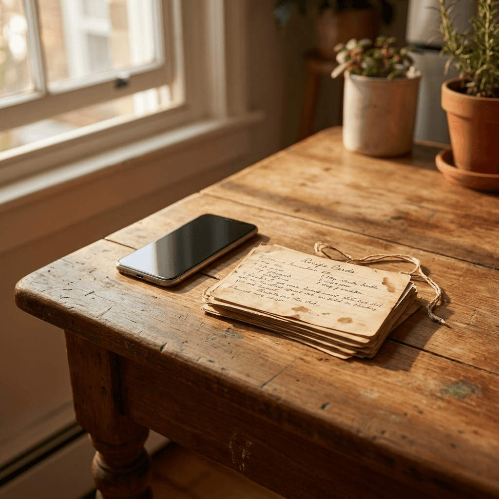 Alte handgeschriebene Rezeptkarten neben einem modernen Smartphone auf einem Holztisch