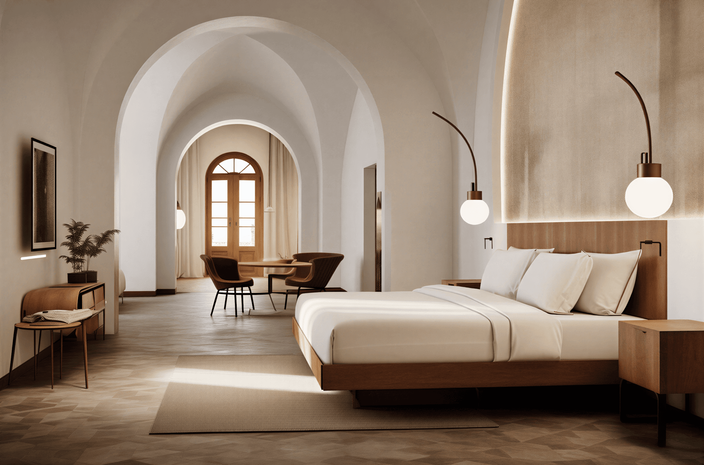 Luxurious bedroom suite with dramatic arched doorways, warm wood platform bed, curved sconces, seating nook with arched window, and herringbone flooring