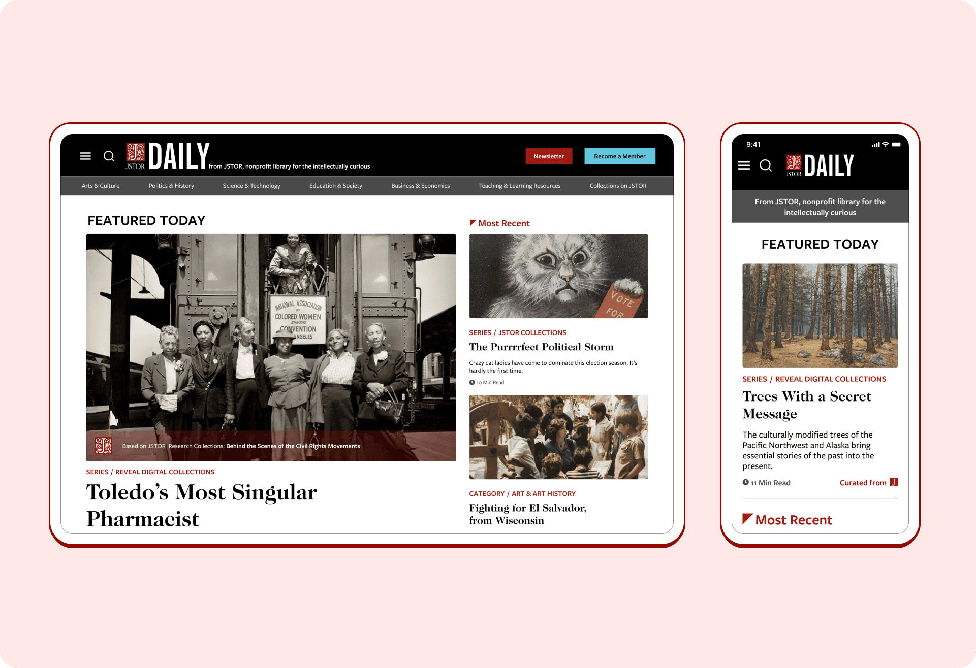 Image showing redesign of JSTOR Daily homepage on desktop and mobile.
