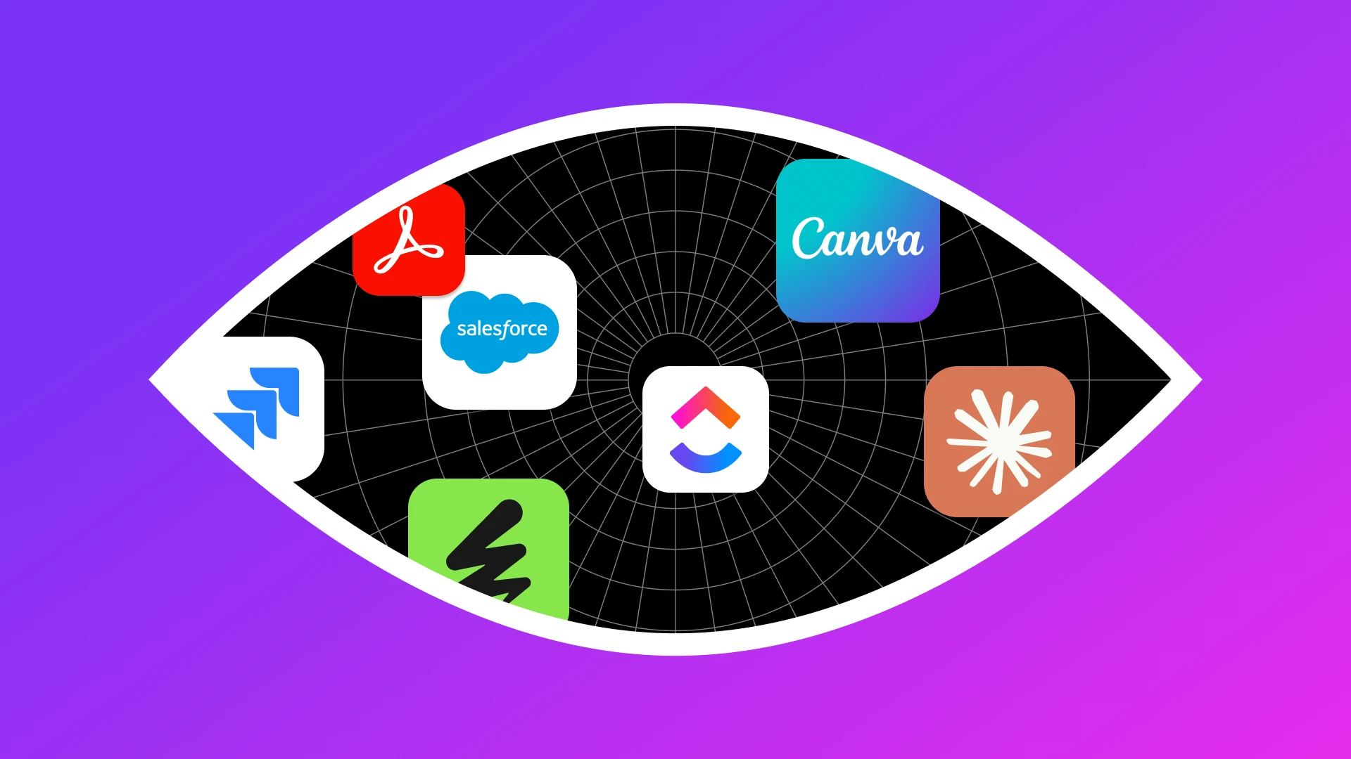 A stylized eye icon against a purple background, containing various SaaS logos like Salesforce, Canva, Adobe, and Jira within its iris. Illustrates how MSPs can regain control of SaaS sprawl through an identity-first approach and centralized visibility.