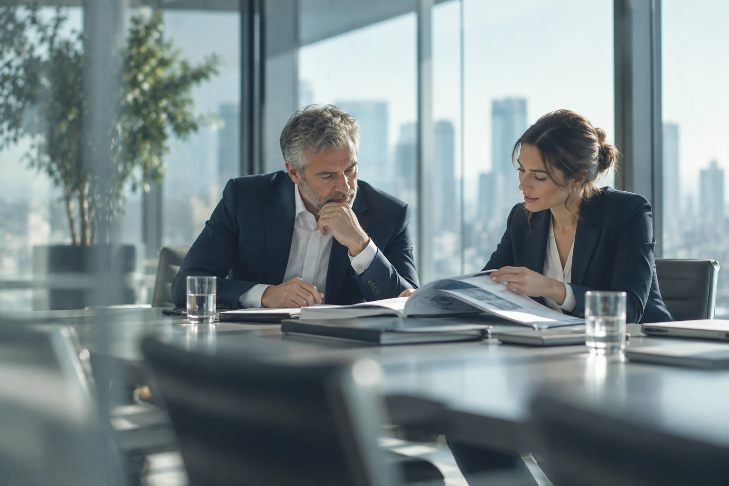 Two executives reading a bound report together at a long table