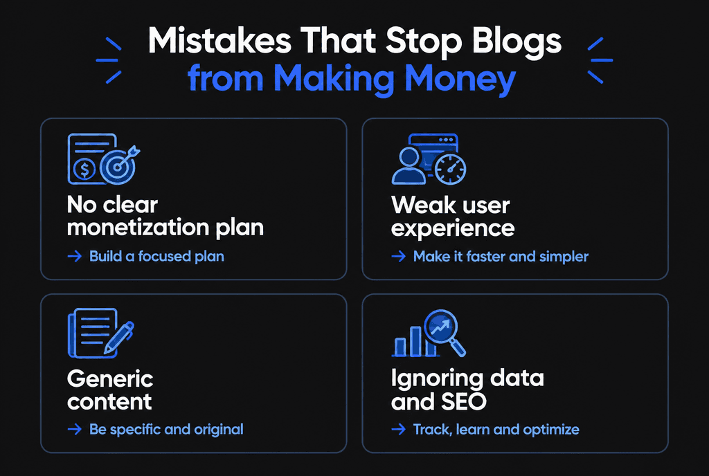 Infographic of mistakes that stop blogs from making money: no clear monetization plan, weak user experience, generic content and ignoring data and SEO