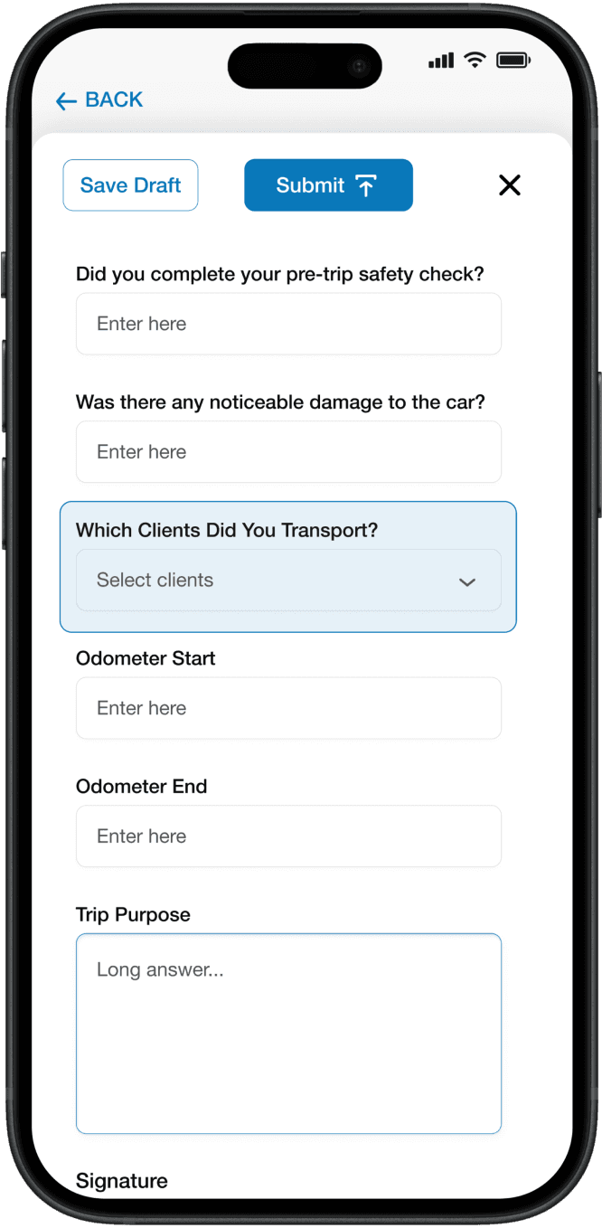 Transportation form in mobile app.