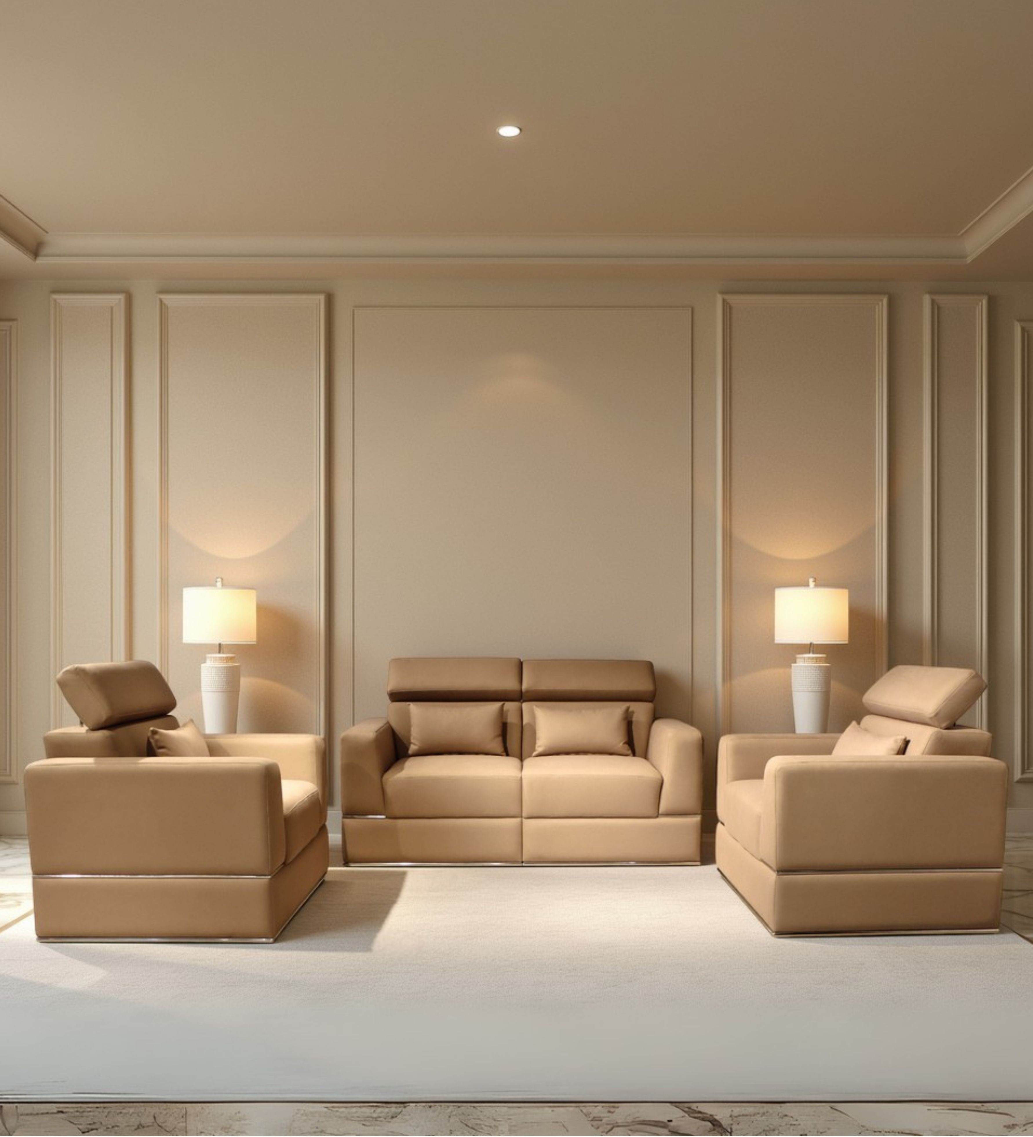 Tan upholstered seating with adjustable headrests and low metal base