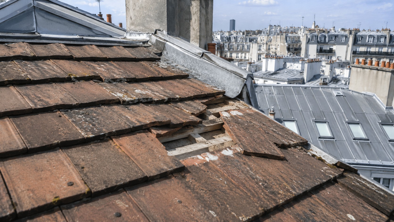 Tuile fendue et cassée sur une toiture ancienne à Paris avec liteaux apparents, montrant un besoin de remplacement urgent après dégât de couverture.