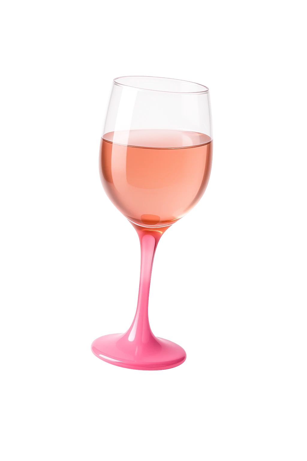 A glass of pink drink with a pink stem, filled to about half, on a plain background.