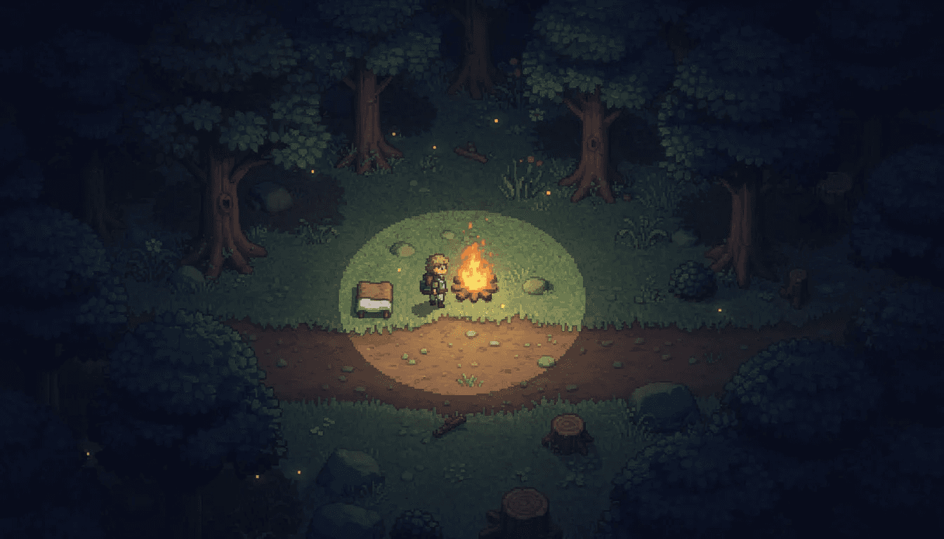 A top-down view of a pixel art forest at night features a small character sitting near a glowing campfire, surrounded by trees and stars, creating a cozy and adventurous atmosphere perfect for vibe coding and game development inspiration. The scene captures the essence of creativity and imagination, inviting players to interact and explore the environment.