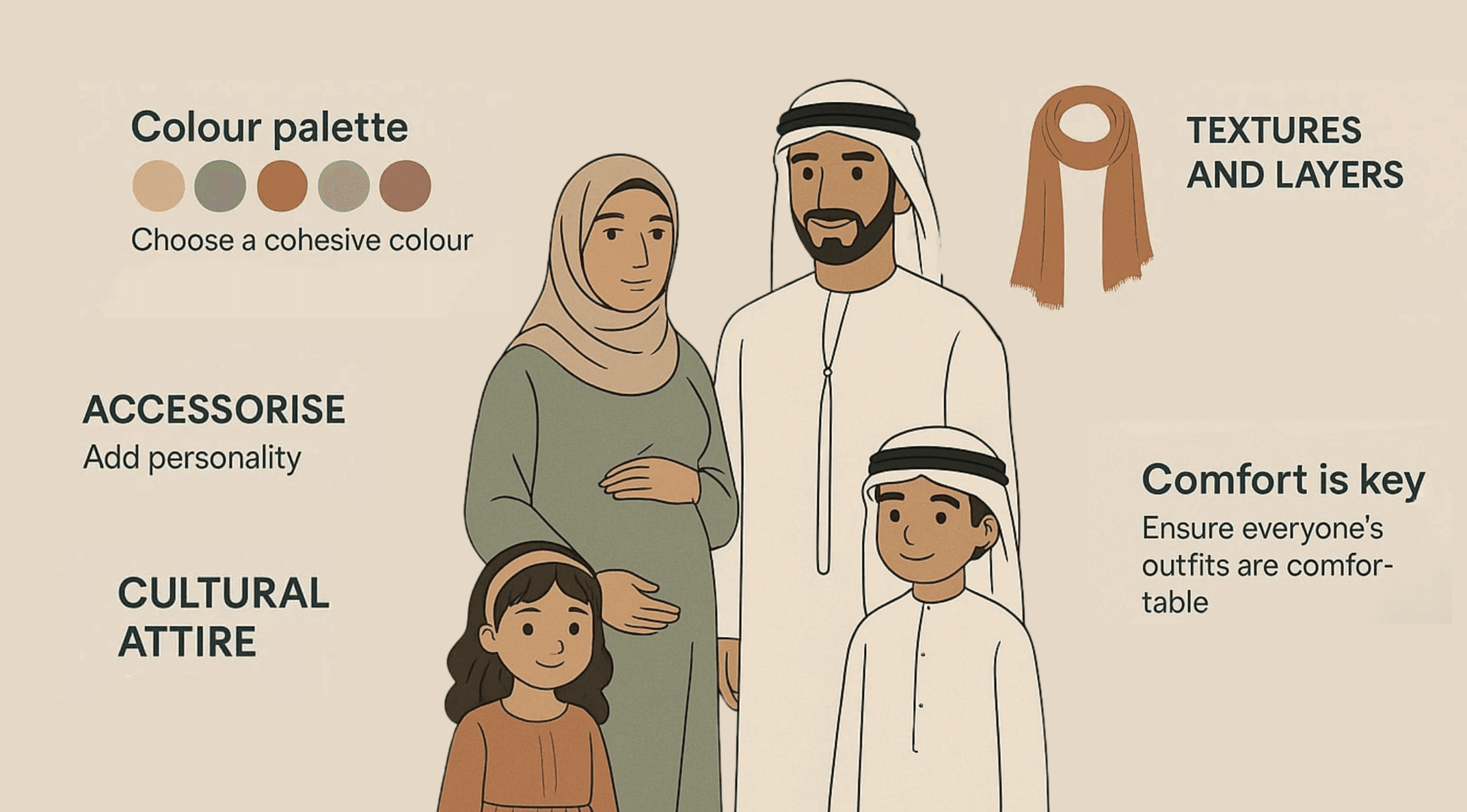 Detailed Infographics of a family maternity photoshoot ideas showcasing tips on outfit coordination, by Mahvin Photography in Dubai