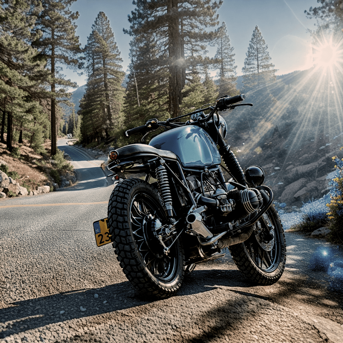 Motorbike on the road in a mountain at dawn. Image generated by AI using Fuzer