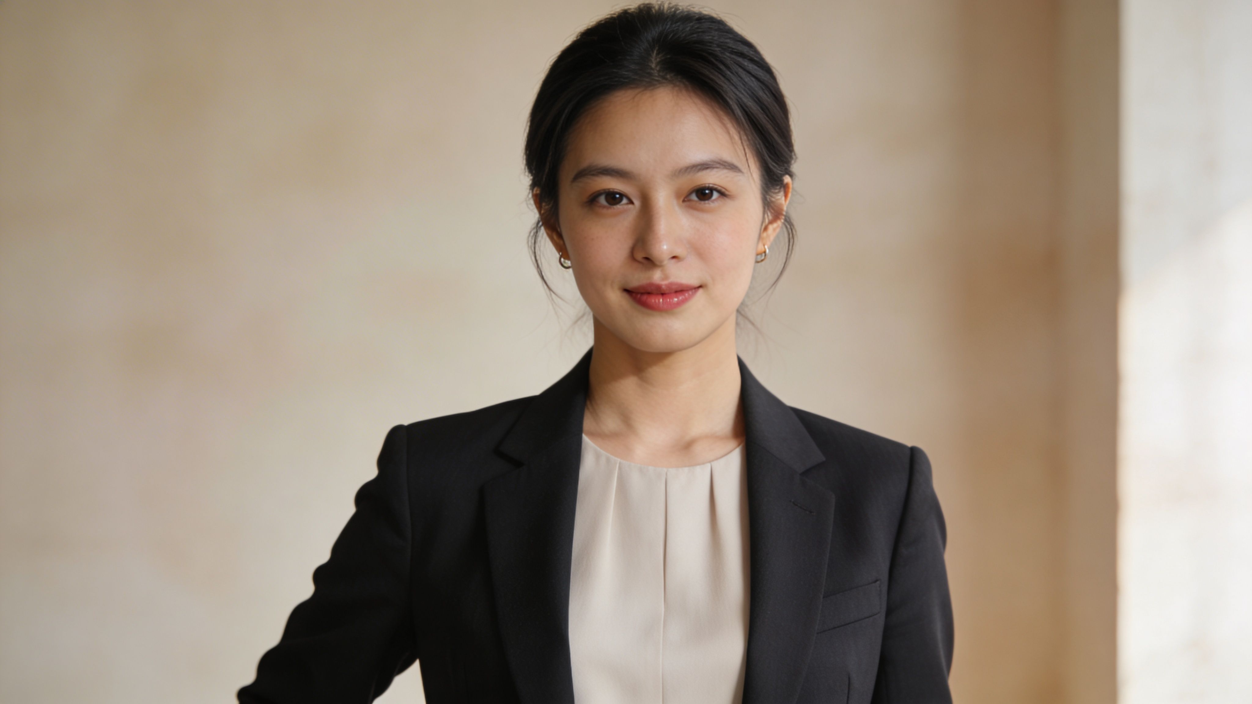 Junge Frau im professionellen schwarzen Blazer vor einem neutralen Hintergrund für ein seriöses Bewerbungsfoto