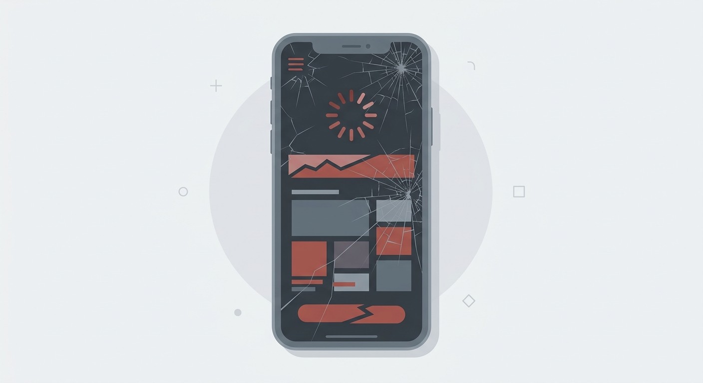 Illustration of a broken app experience from a WebView wrapper showing loading spinners and cracked interface