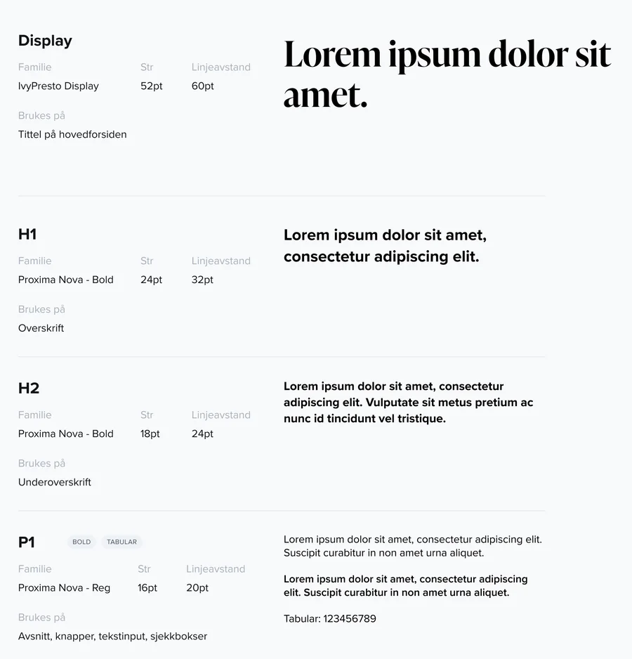 Typography sheet, excerpt: display, H1, H2 and paragraph styles with font, size and line height