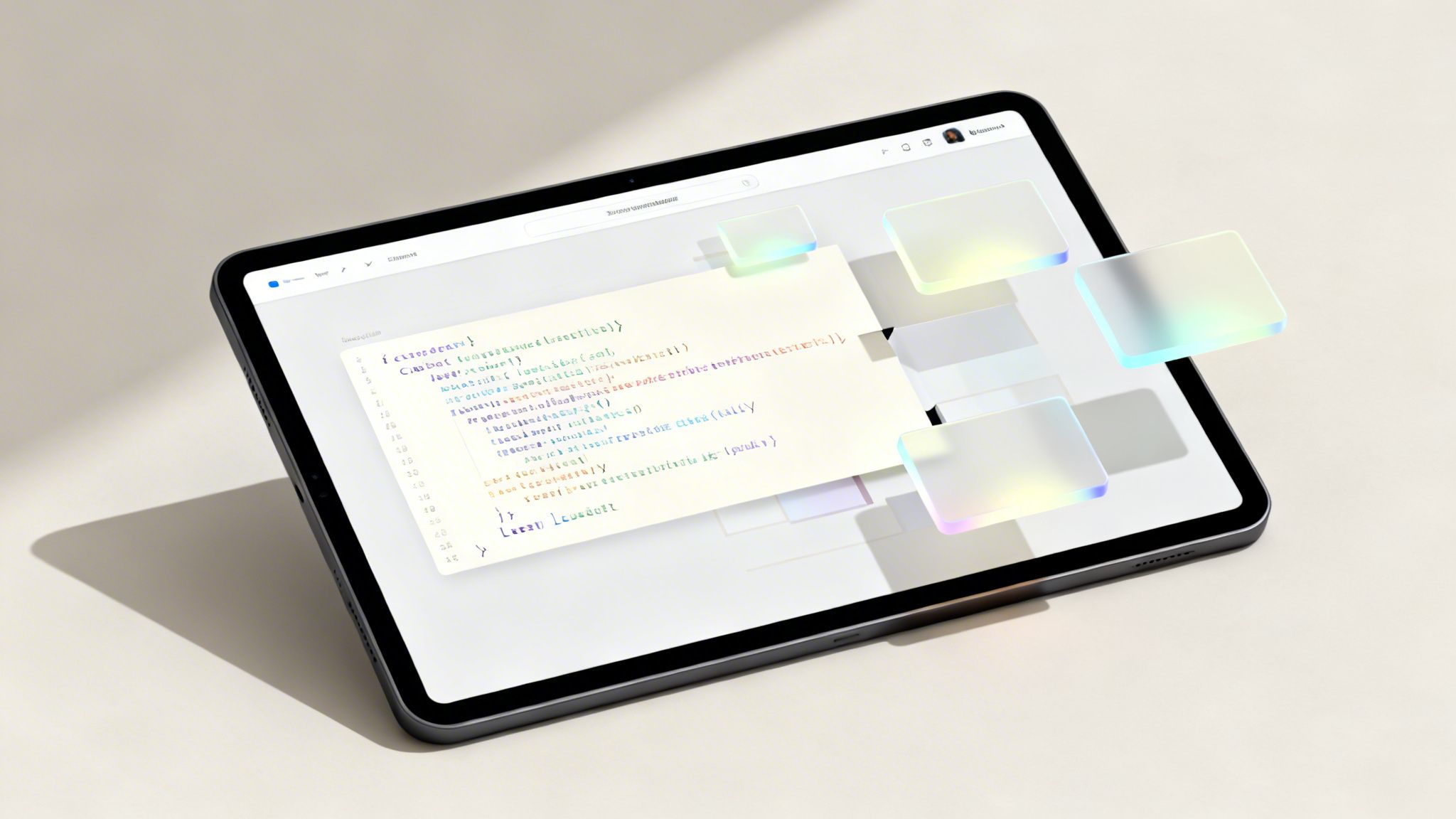A tablet displays lines of code with floating colorful transparent user interface cards.