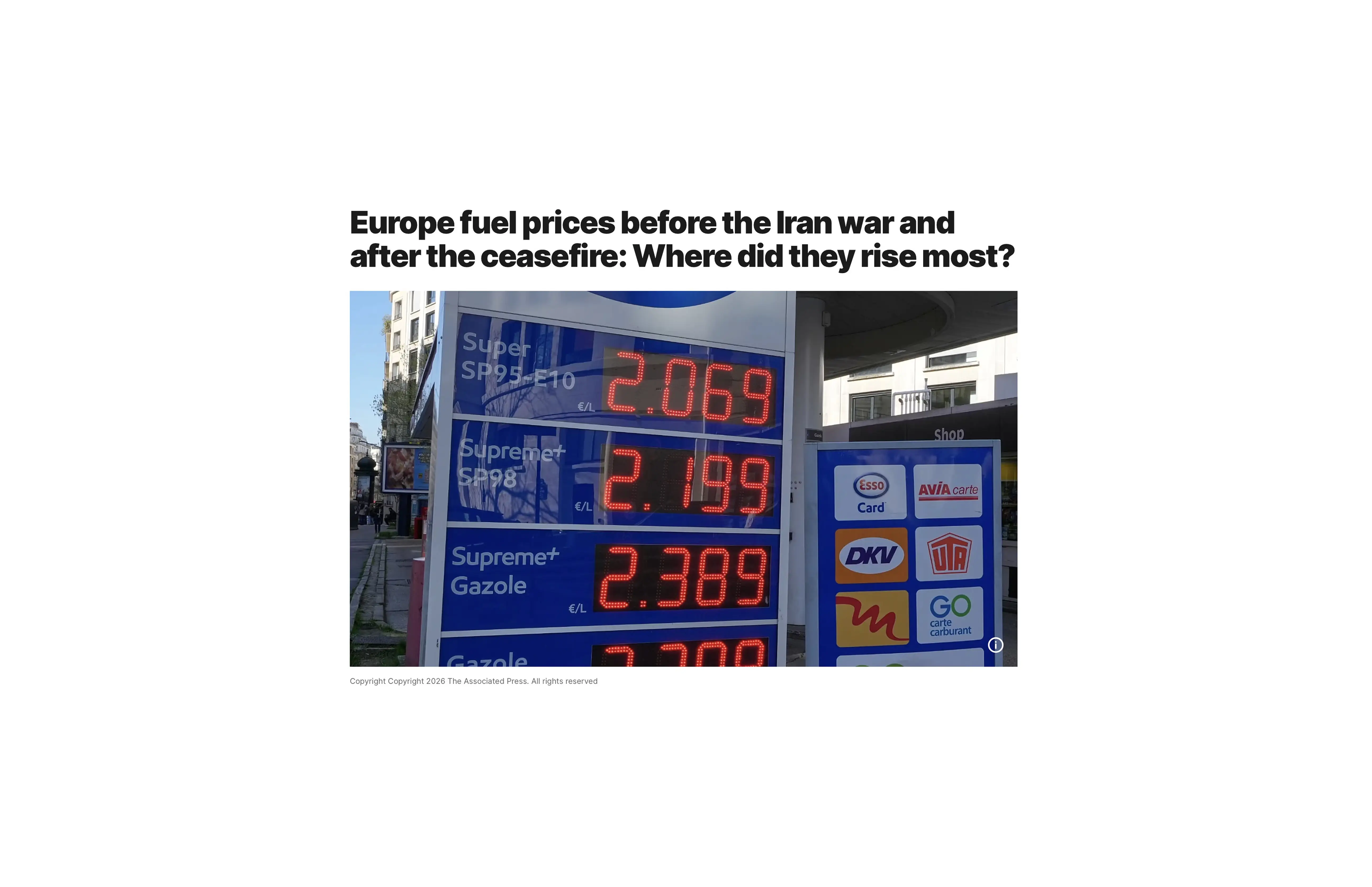 A blue European petrol-station price board showing Super SP95-E10 at €2.069, Supreme+ SP98 at €2.199 and diesel at €2.389 per litre. Source: EuroNews