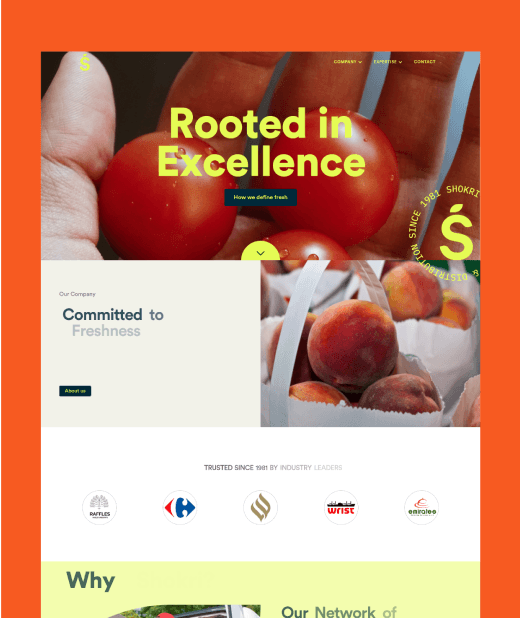 Website design for a fresh produce company, featuring bold visuals of tomatoes and peaches, created by Fika Design Studio. The clean, modern UI emphasizes the brand’s commitment to excellence and freshness, with strategic use of branding and typography.