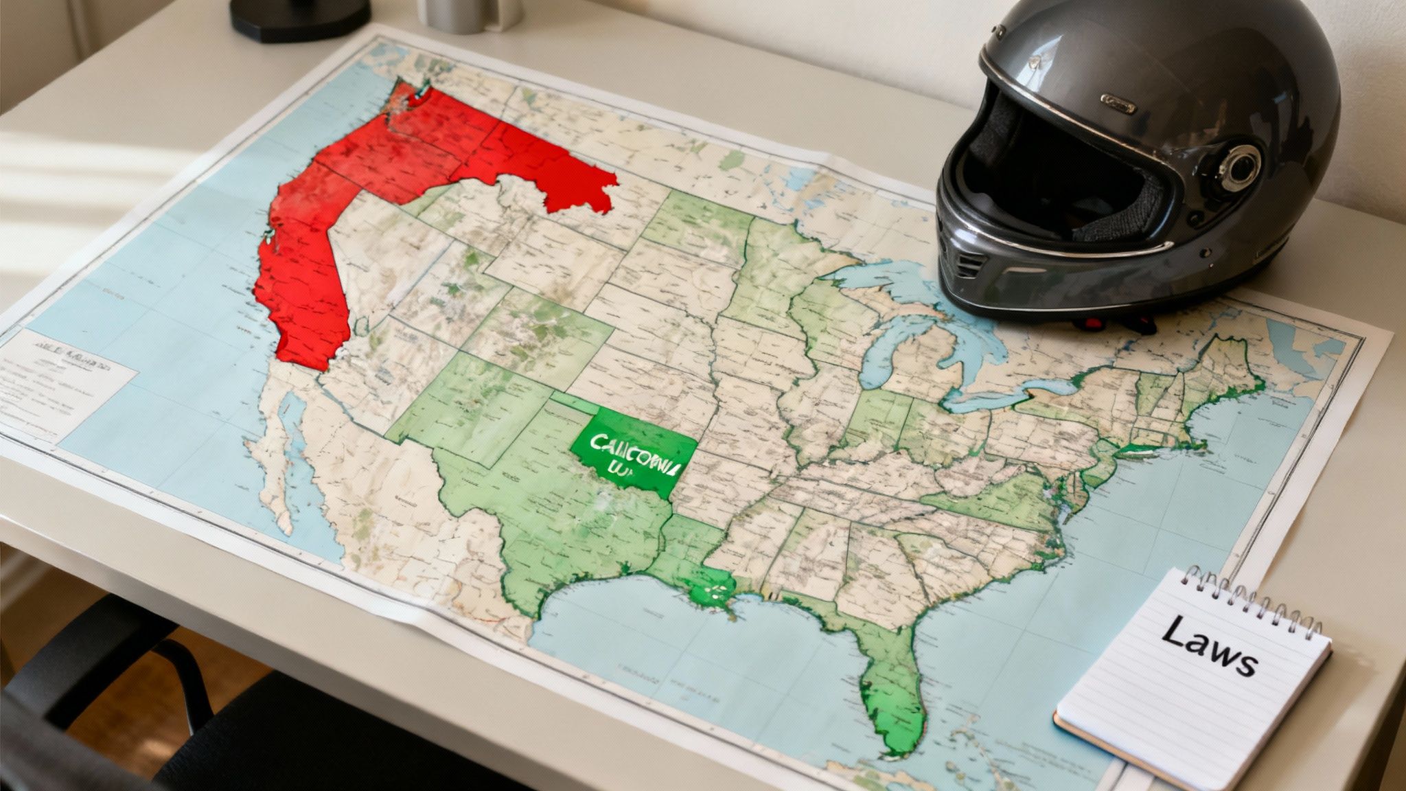 Motorcycle helmet on United States map showing California highlighted, planning road trip with laws notebook
