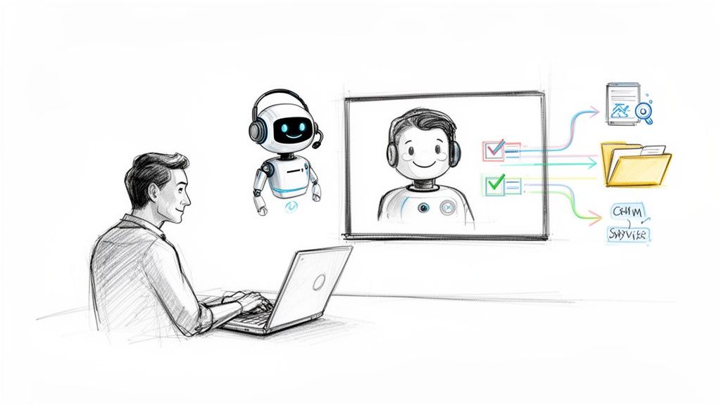 A person works on a laptop, collaborating with a friendly AI bot for data and task management.