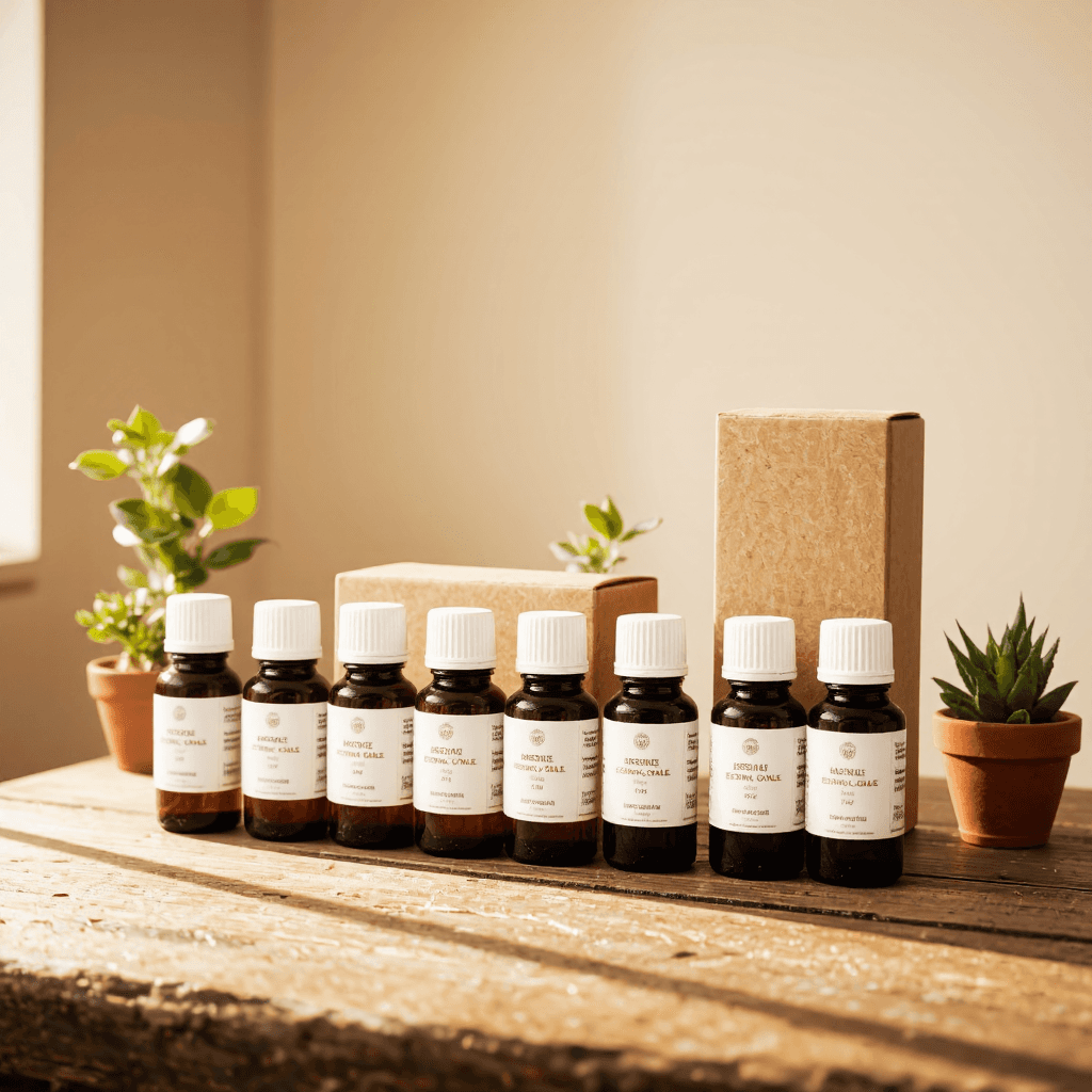product photography of set of essential oil bottles and boxes