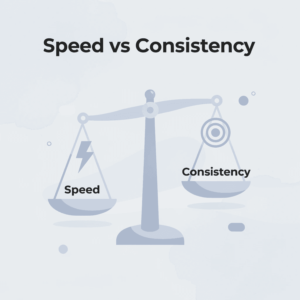 Balance scale comparing speed versus consistency in trading