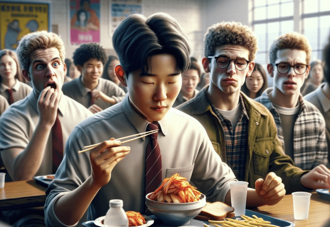 A cartoon of an Asian person feeling judged for their food