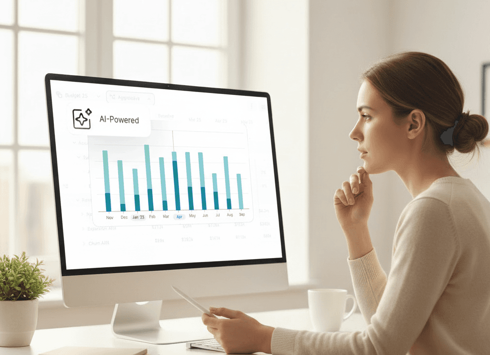 Woman analyzing AI-powered data chart on computer screen