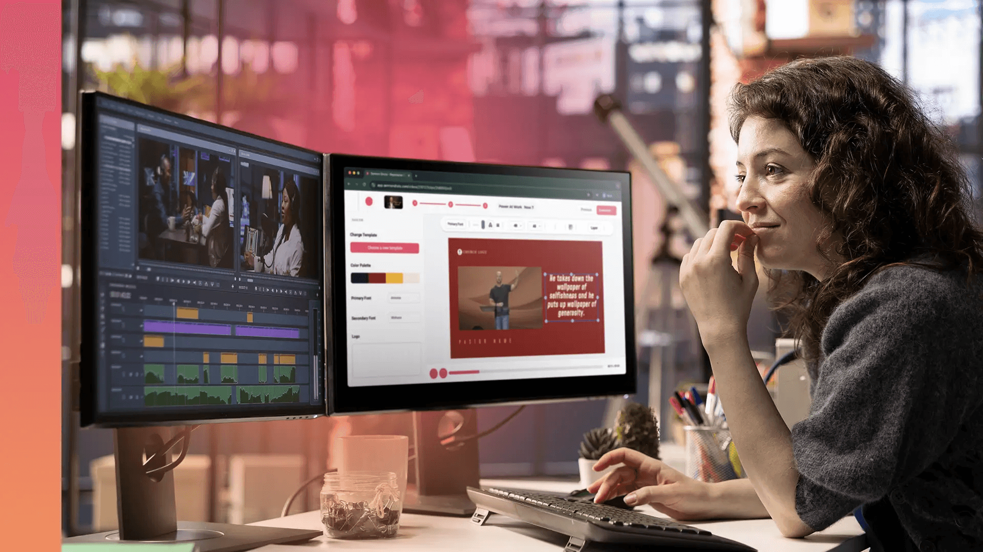 Woman editing video on dual monitors - Church Reels Editing