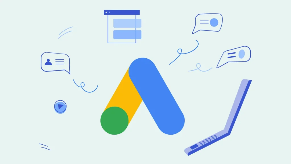Google-Ads-Logo umgeben von illustrierten Anzeigenelementen und einem Laptop