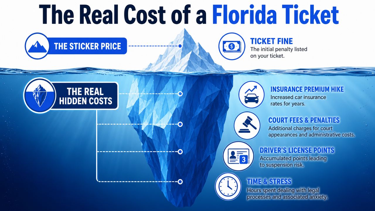 An iceberg illustration showing how traffic ticket fines are just the tip of hidden long-term costs.