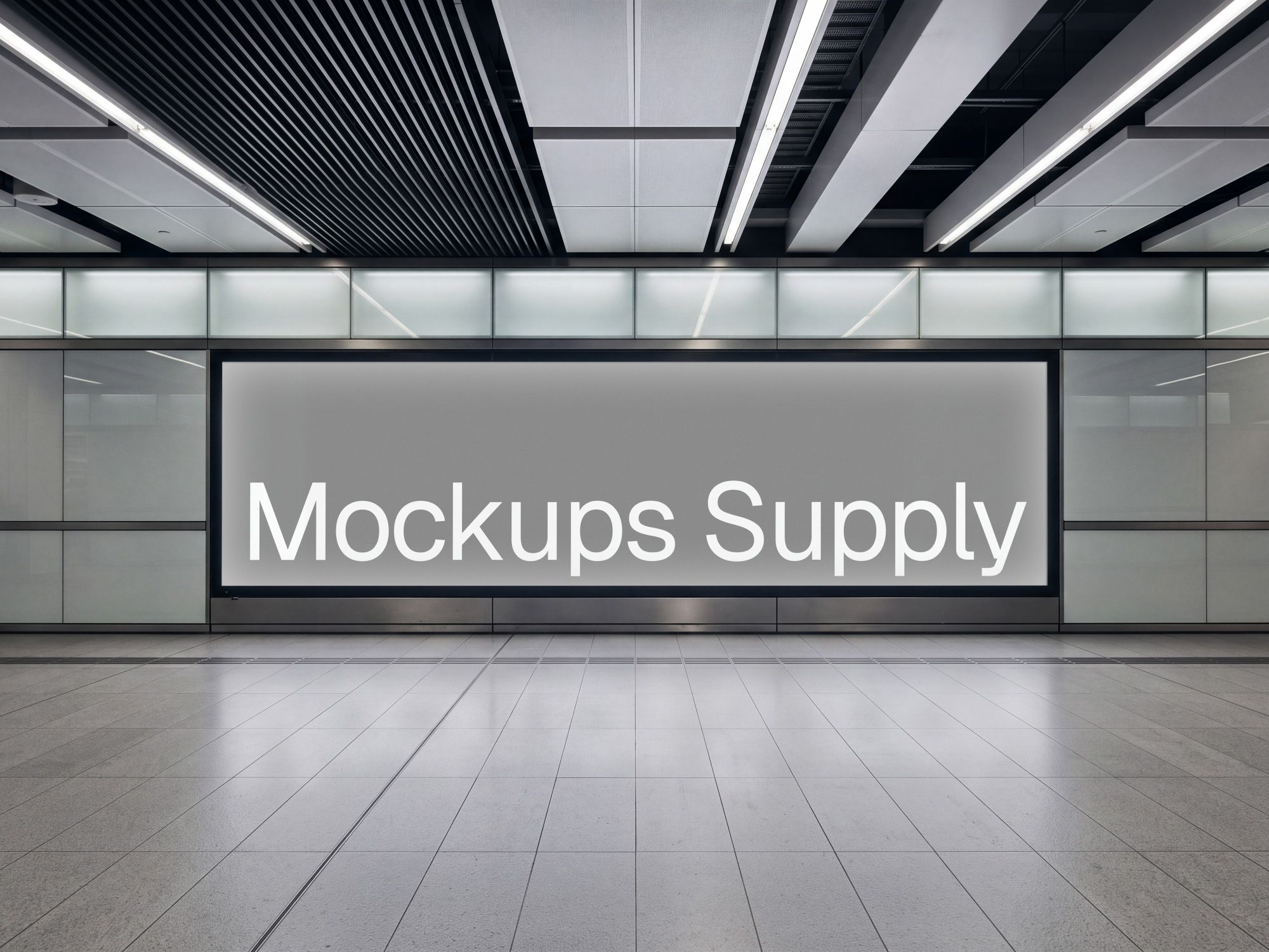 Large airport digital advertising screen mockup with wide horizontal display inside a modern terminal