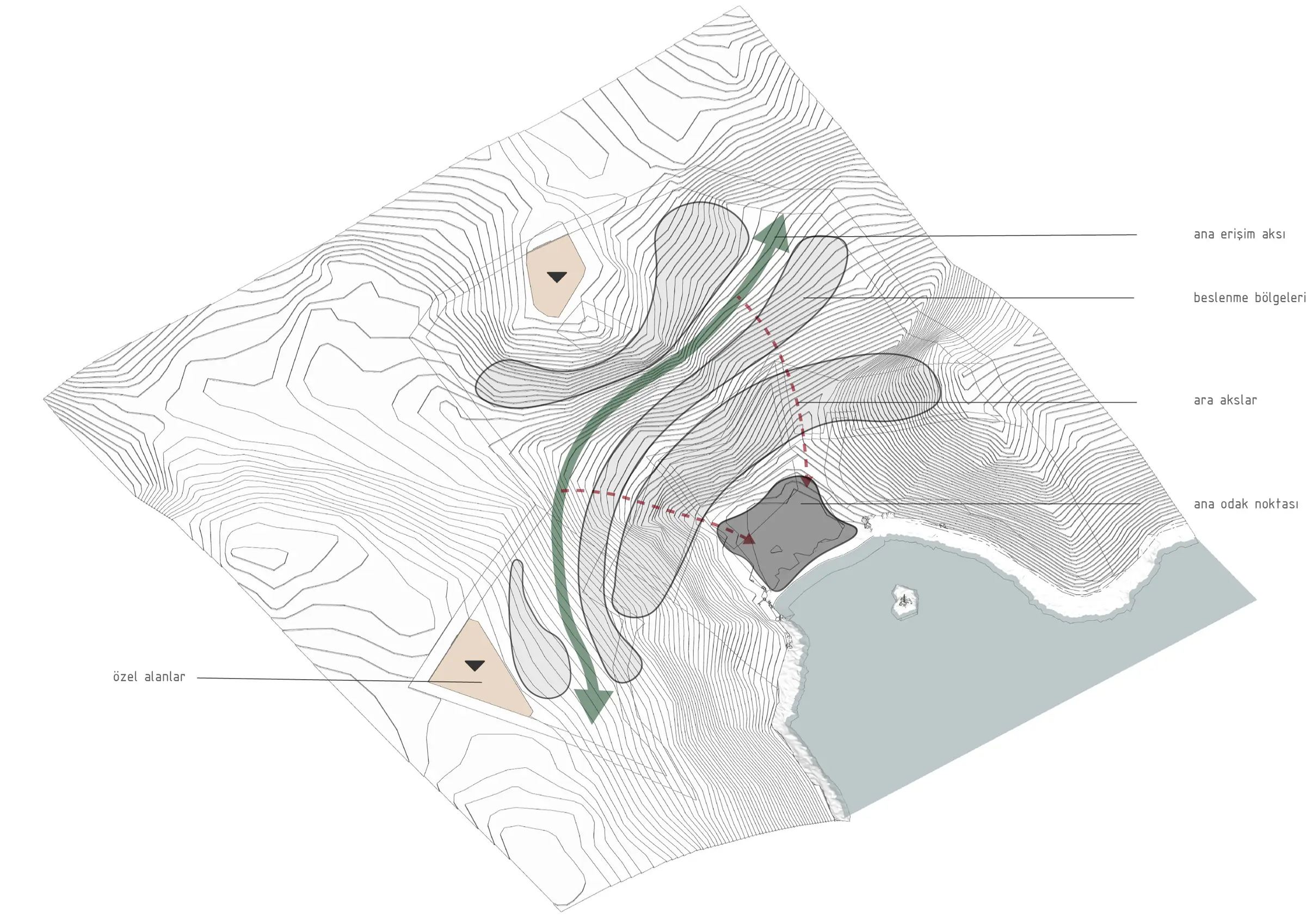 Conceptual site diagram showing the main access axis, secondary axes and focal point