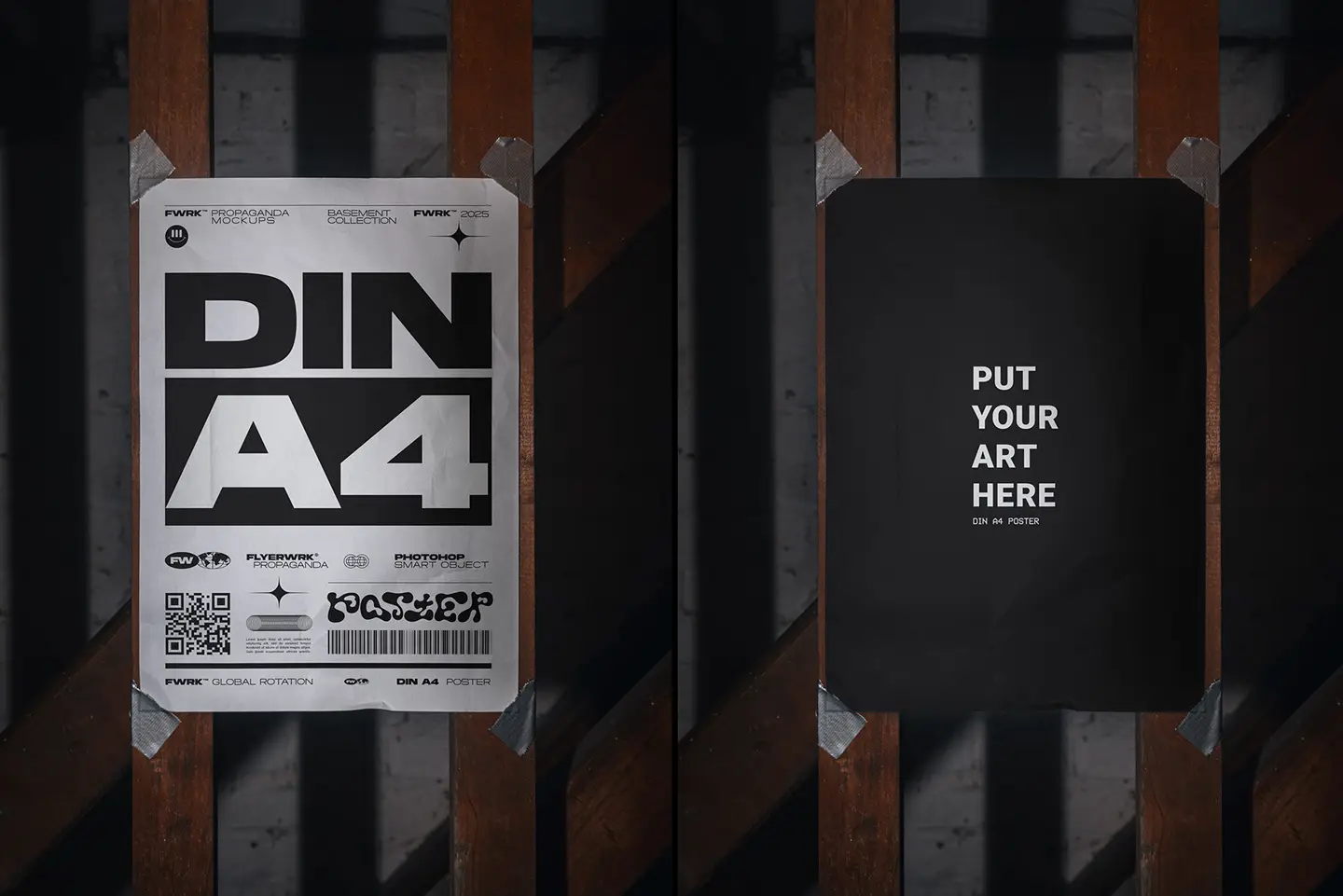 A4 poster mockup taped to industrial wooden beams with realistic duct tape and dramatic lighting