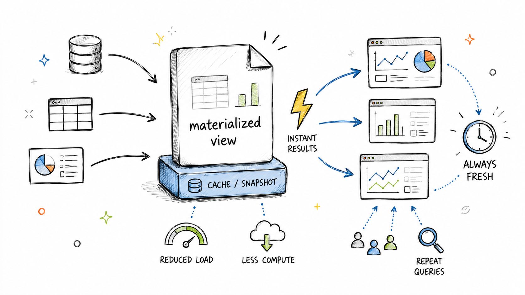 A hand-drawn diagram illustrating how materialized views provide instant results by caching data from multiple sources.