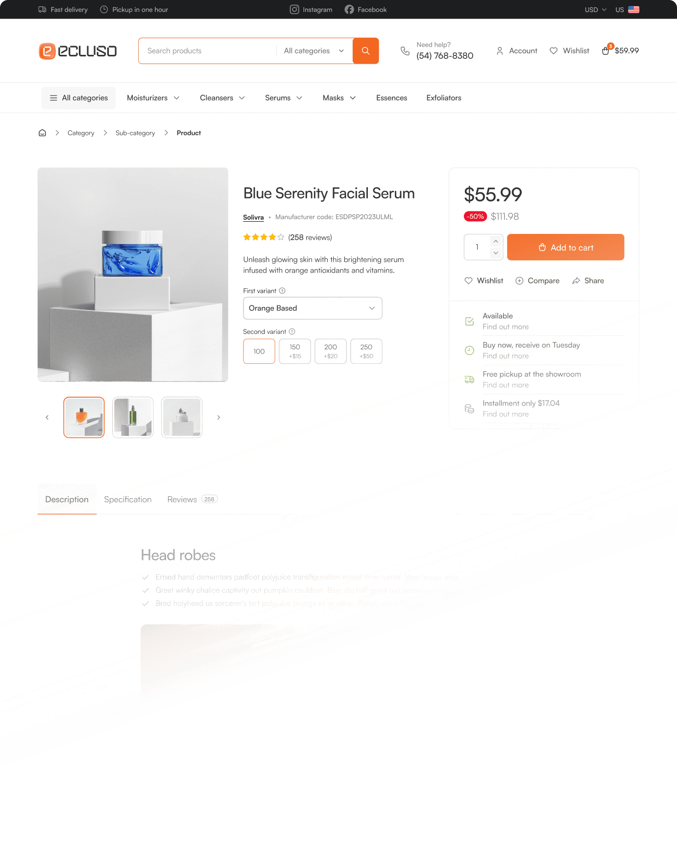 Complete e-commerce product detail page (PDP) layout design featuring a header, product image gallery, variant selection dropdowns, description tabs, and pricing information.