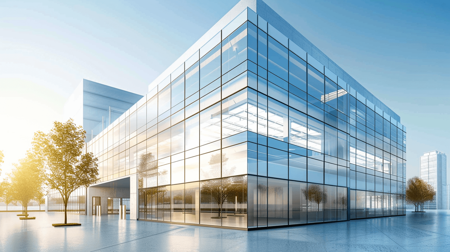 Edificio de oficinas moderno con fachada de cristal.