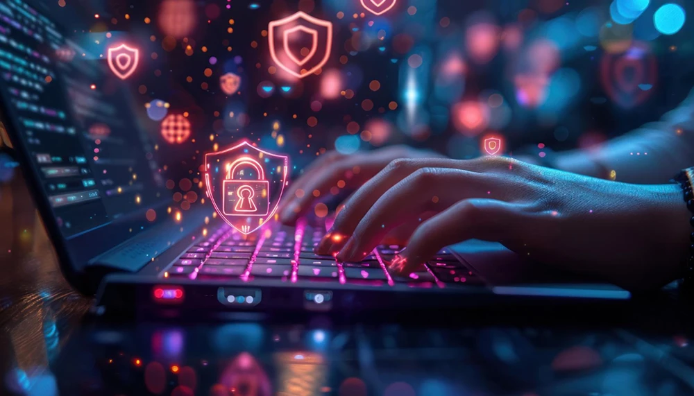 person typing laptop with screen