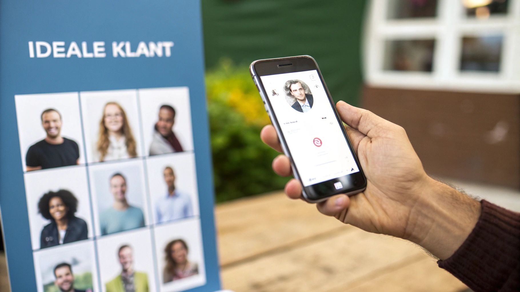 Een hand houdt een smartphone vast met een profiel op het scherm, naast een bord met 'Ideale Klant' en foto's van mensen.