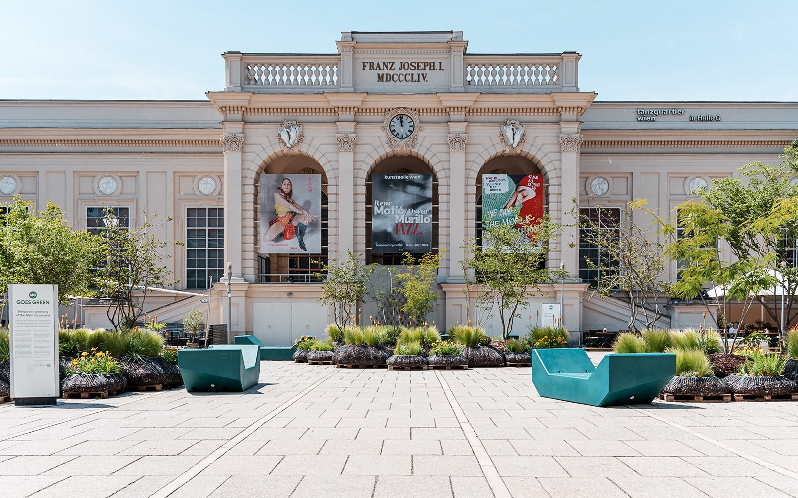 Kunsthalle Wien Museumsquartier entrance with posters, Vienna Welcome Card.